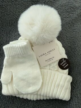 Laura Ashley Baby Cream Winter Hat & Mittens Set